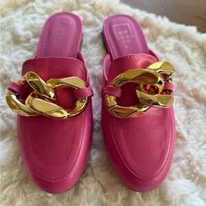 ShuShop Fuchsia Mules with Gold Chain Accent